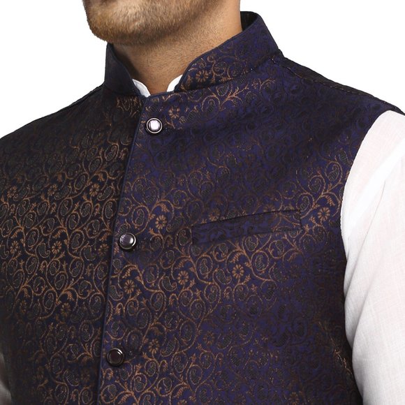 Sleeveless Traditional Brocade Silk Fabric Navy Blue Nehru Jacket by Treemoda - Picture 4 of 5